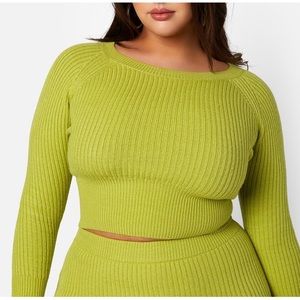 Chartreuse ribbed sweater and skirt set